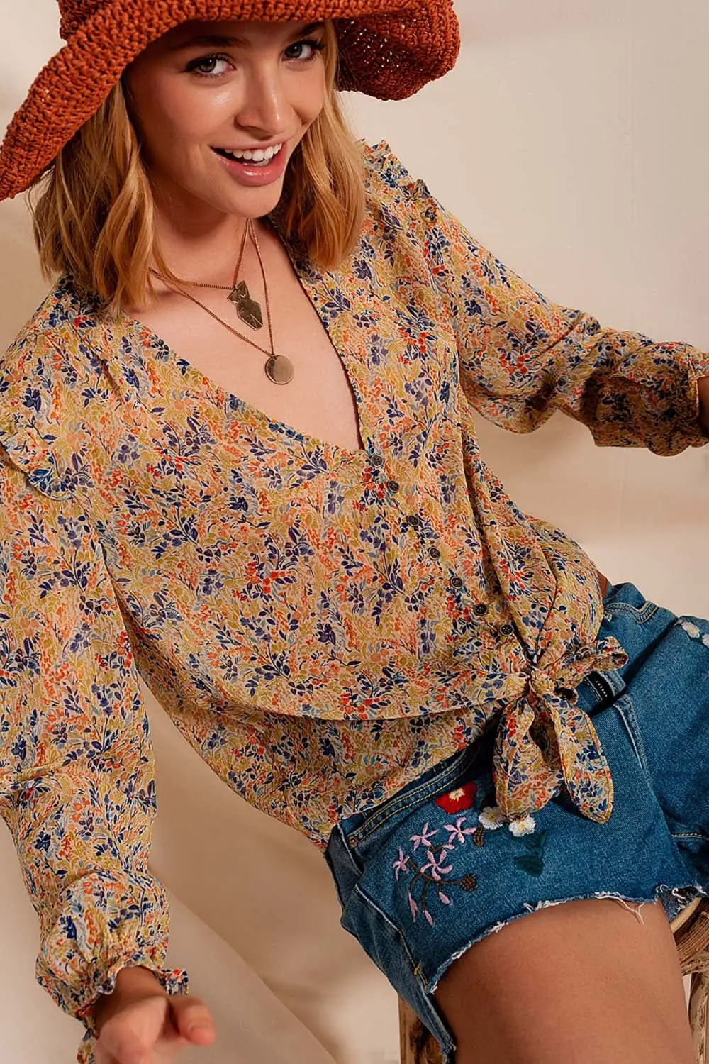 Floral metallic ruffle blouse in green - Shirts