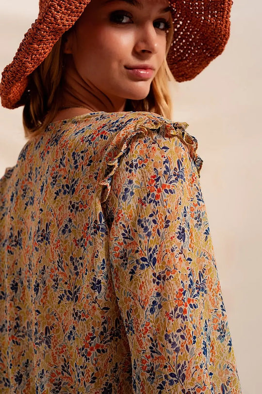 Floral metallic ruffle blouse in green - Shirts