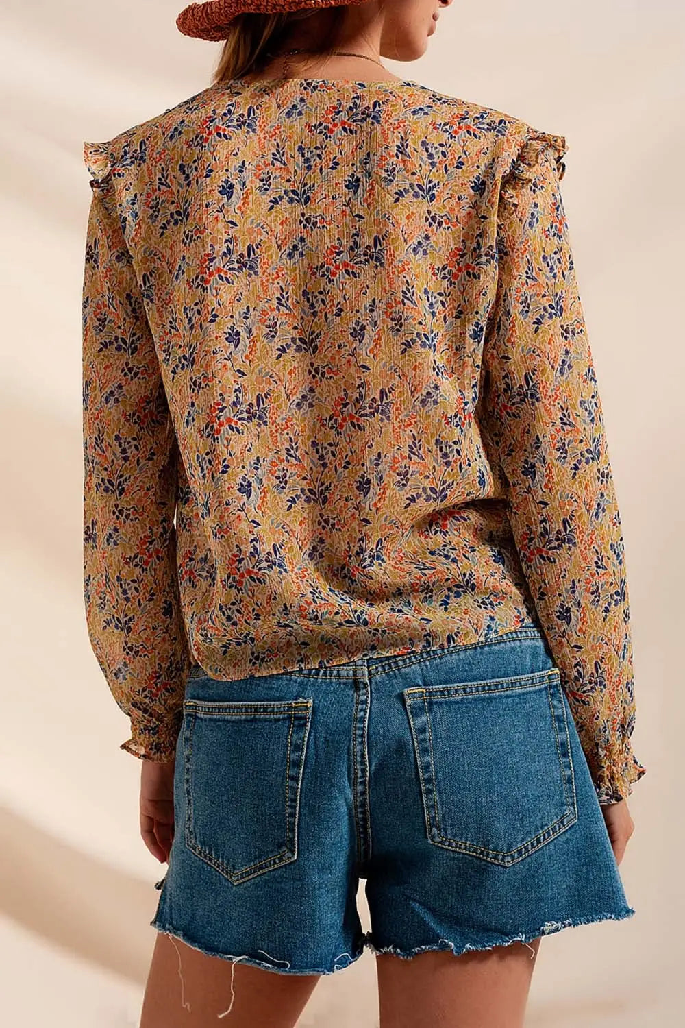 Floral metallic ruffle blouse in green - Shirts