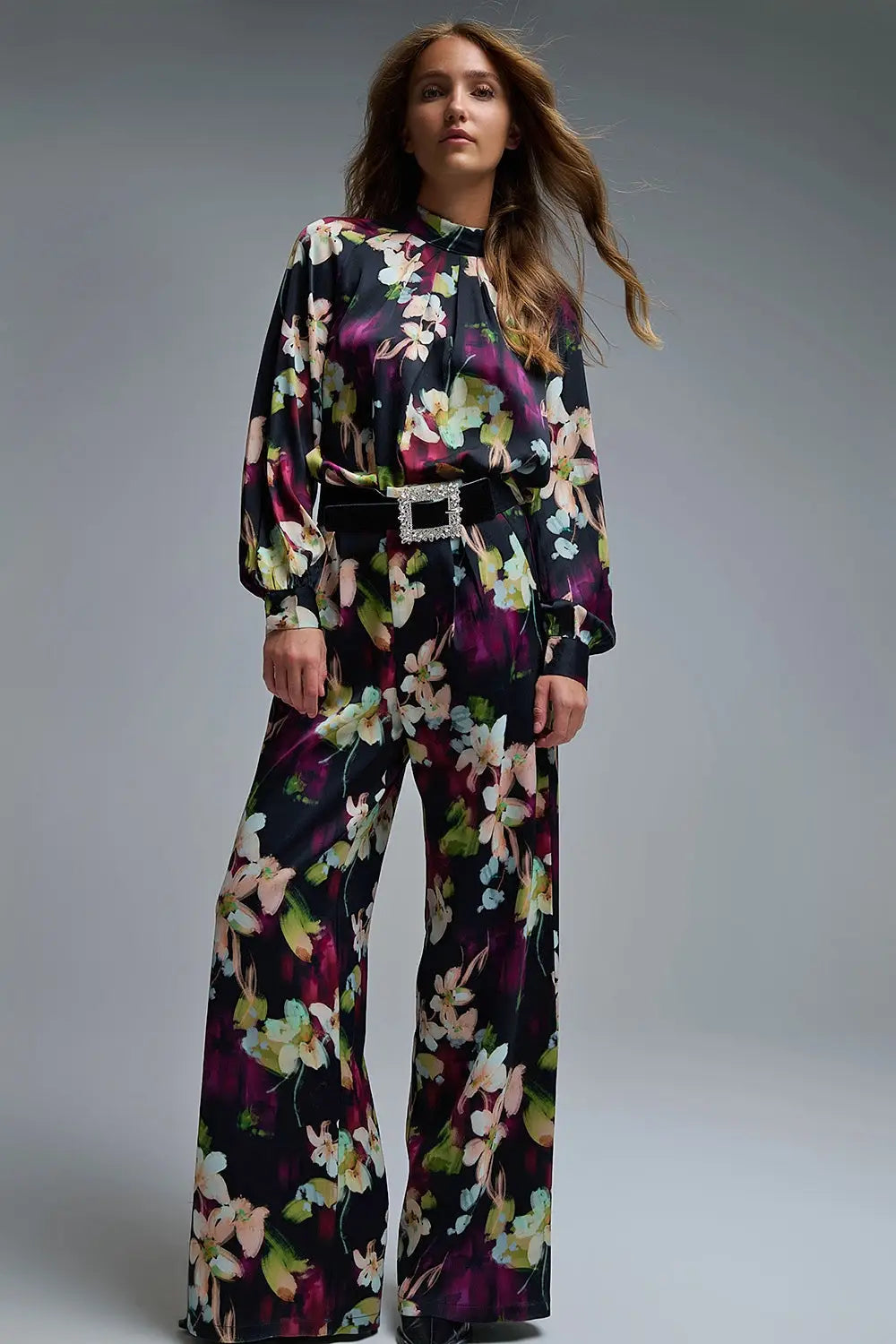 Floral-Print Flowing Pants in satin fabric with side pockets - Pants