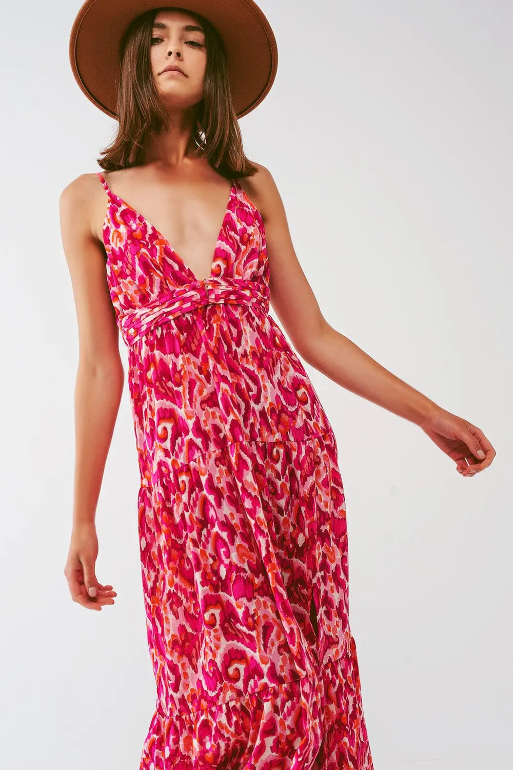 Floral Print Maxi Dress with V neck in Pink - Dresses