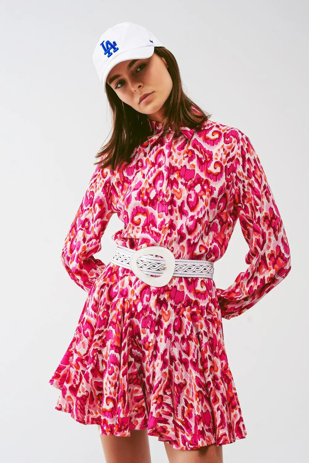 Floral Print Mini Pleated Dress in Pink - Dresses