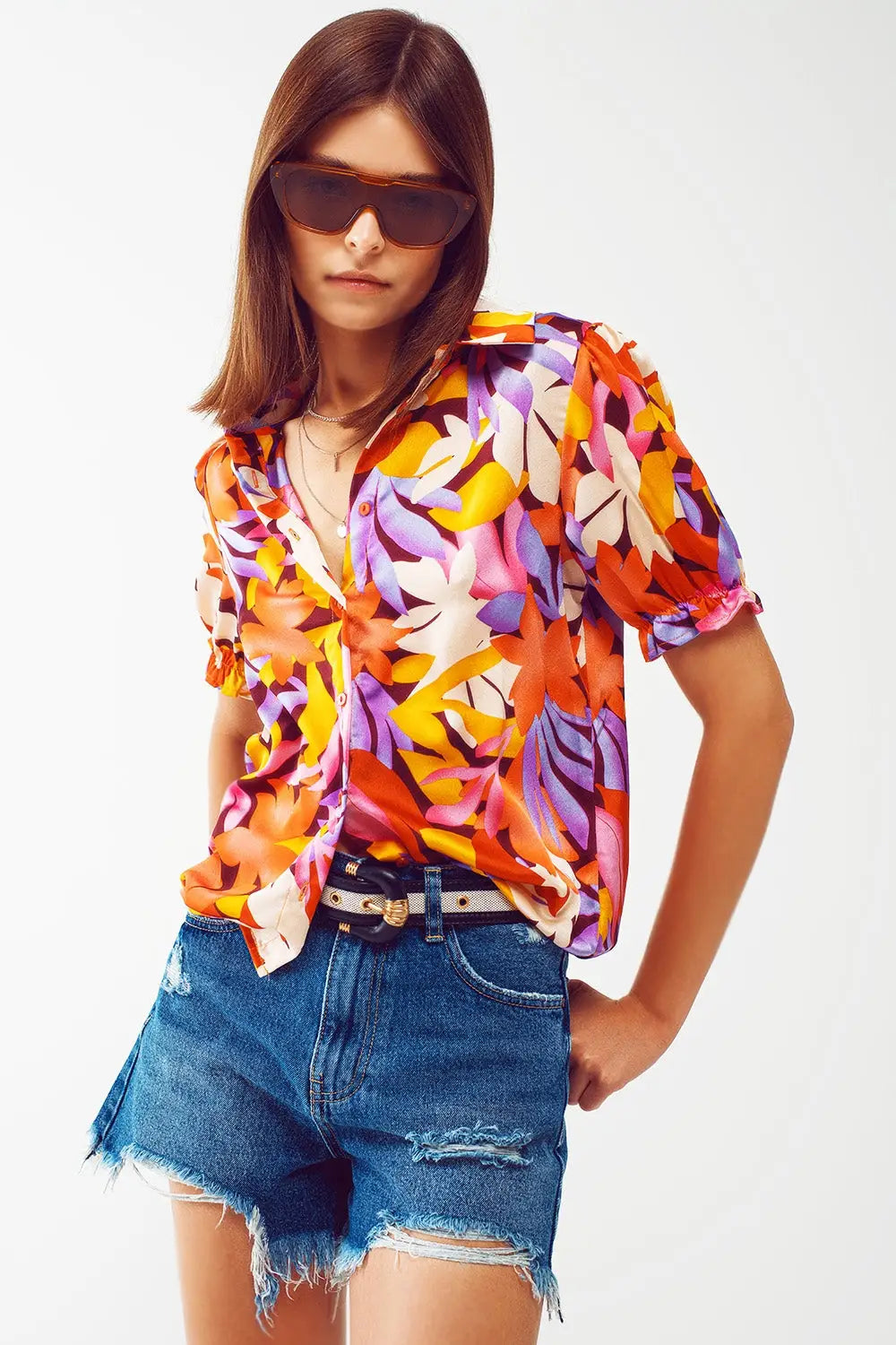 Floral print shirt with elasticated sleeves in multi colour - Shirts