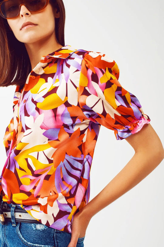 Floral print shirt with elasticated sleeves in multi colour - Shirts