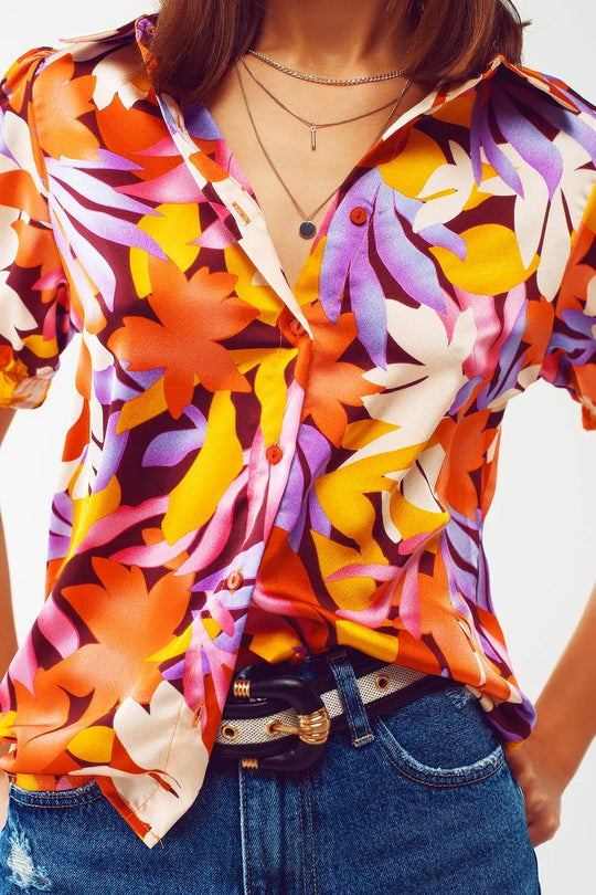 Floral print shirt with elasticated sleeves in multi colour - Shirts