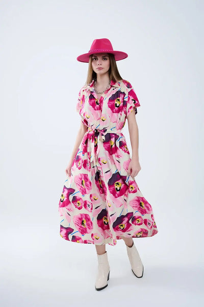 Floral printed buttoned shirt dress in fuchsia - Dresses