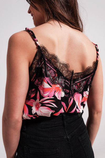 Floral printed cami with lace trim