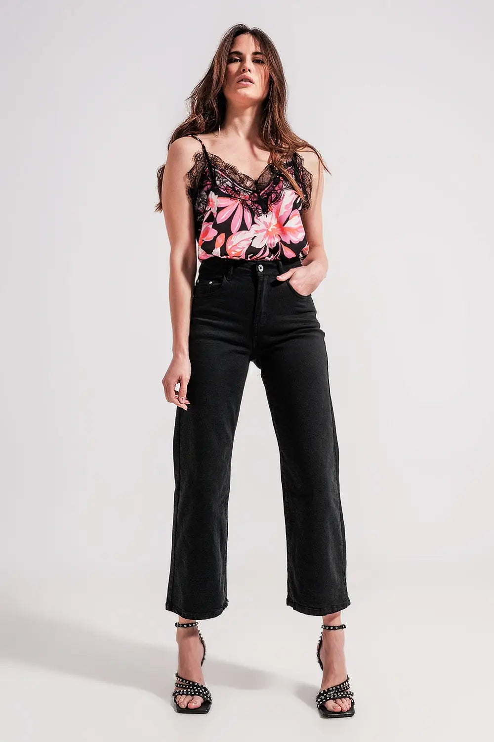 Floral printed cami with lace trim - Shirts