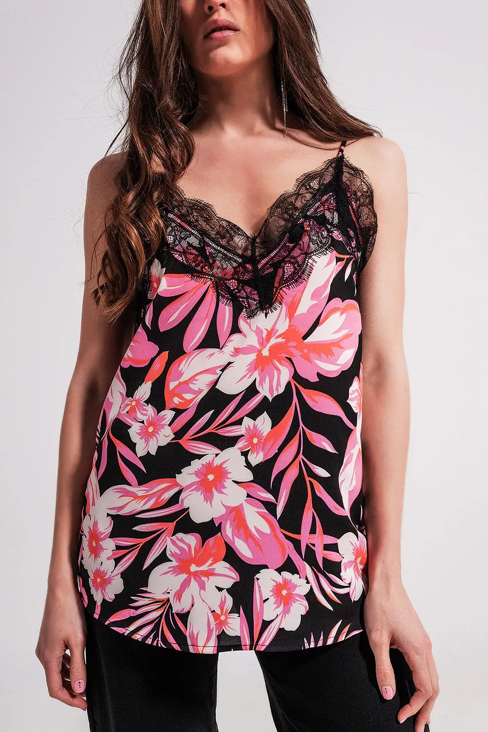Floral printed cami with lace trim - Shirts
