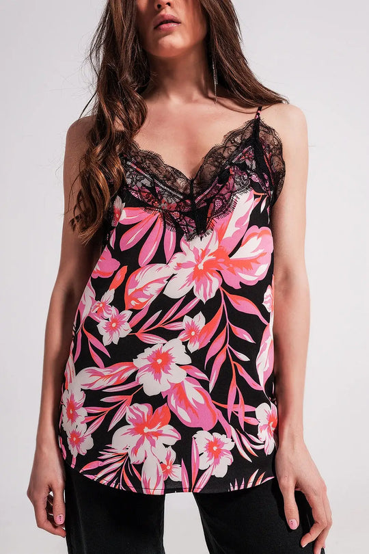 Floral printed cami with lace trim - Shirts