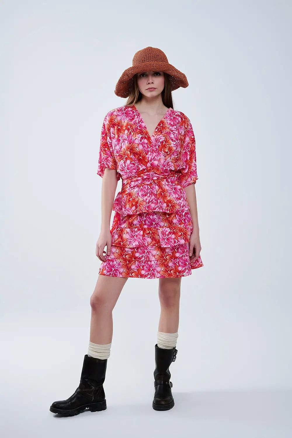 Floral printed Dress With Pink Orange and Red Tones - Dresses
