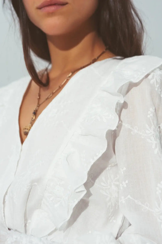 Floral Ruffle Mini Dress in White - Dresses