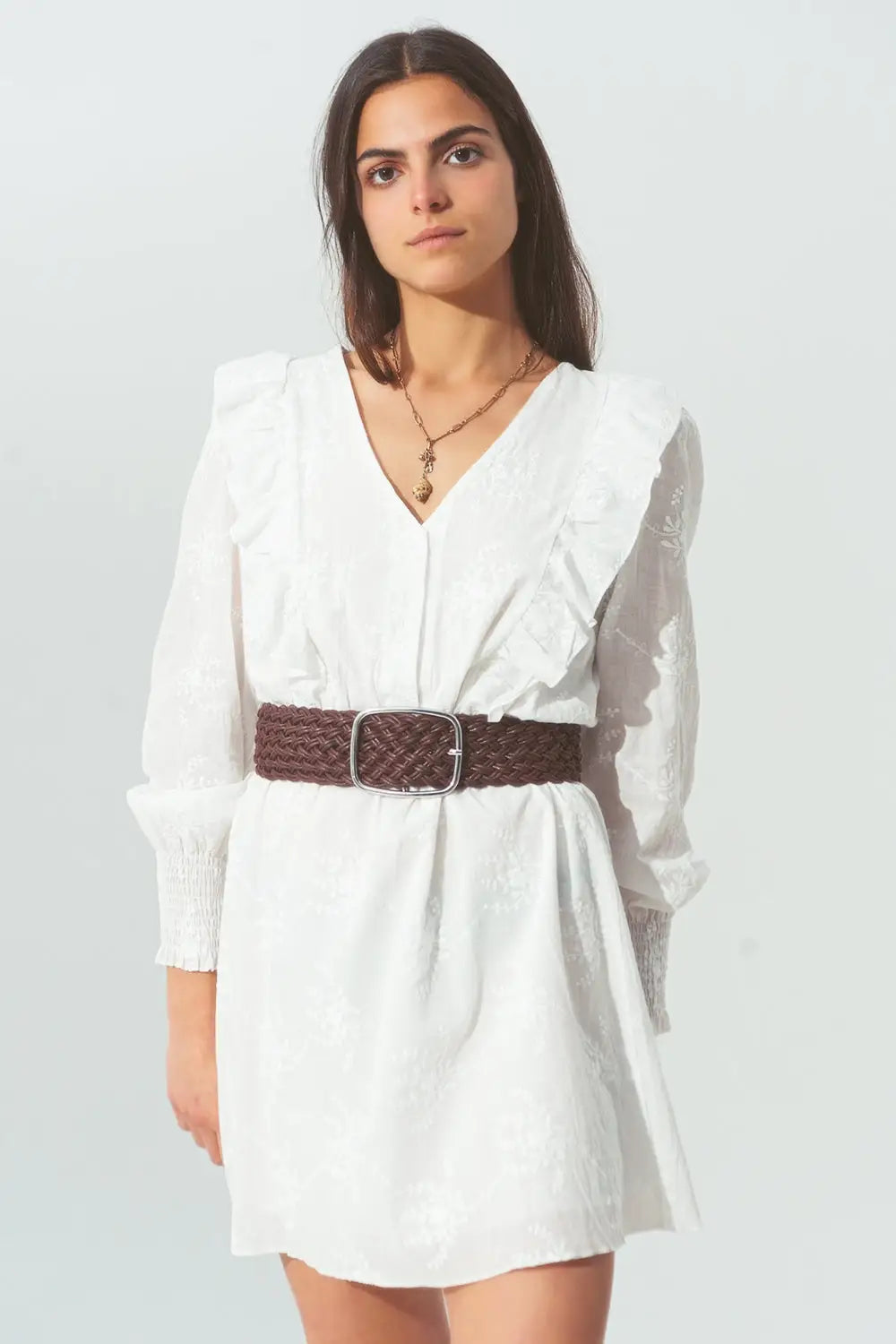 Floral Ruffle Mini Dress in White - Dresses