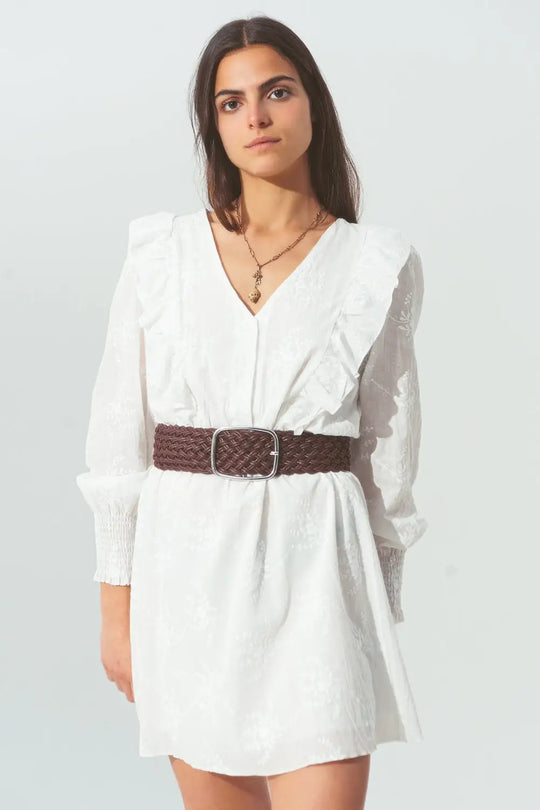 Floral Ruffle Mini Dress in White - Dresses