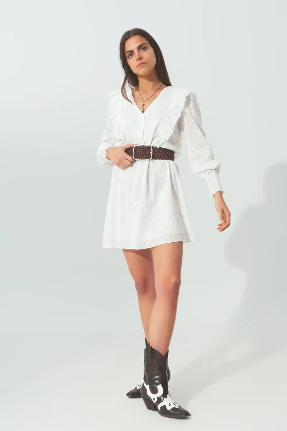 Q2 Floral Ruffle Mini Dress in White