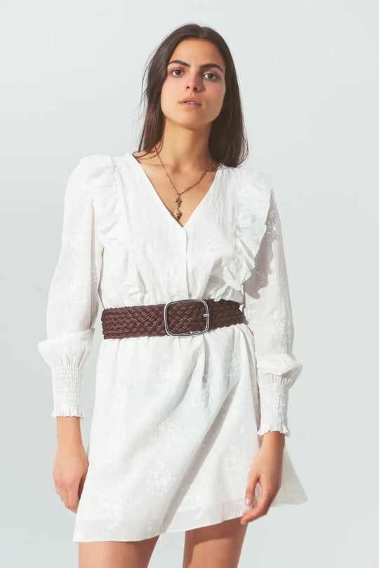 Floral Ruffle Mini Dress in White - Dresses