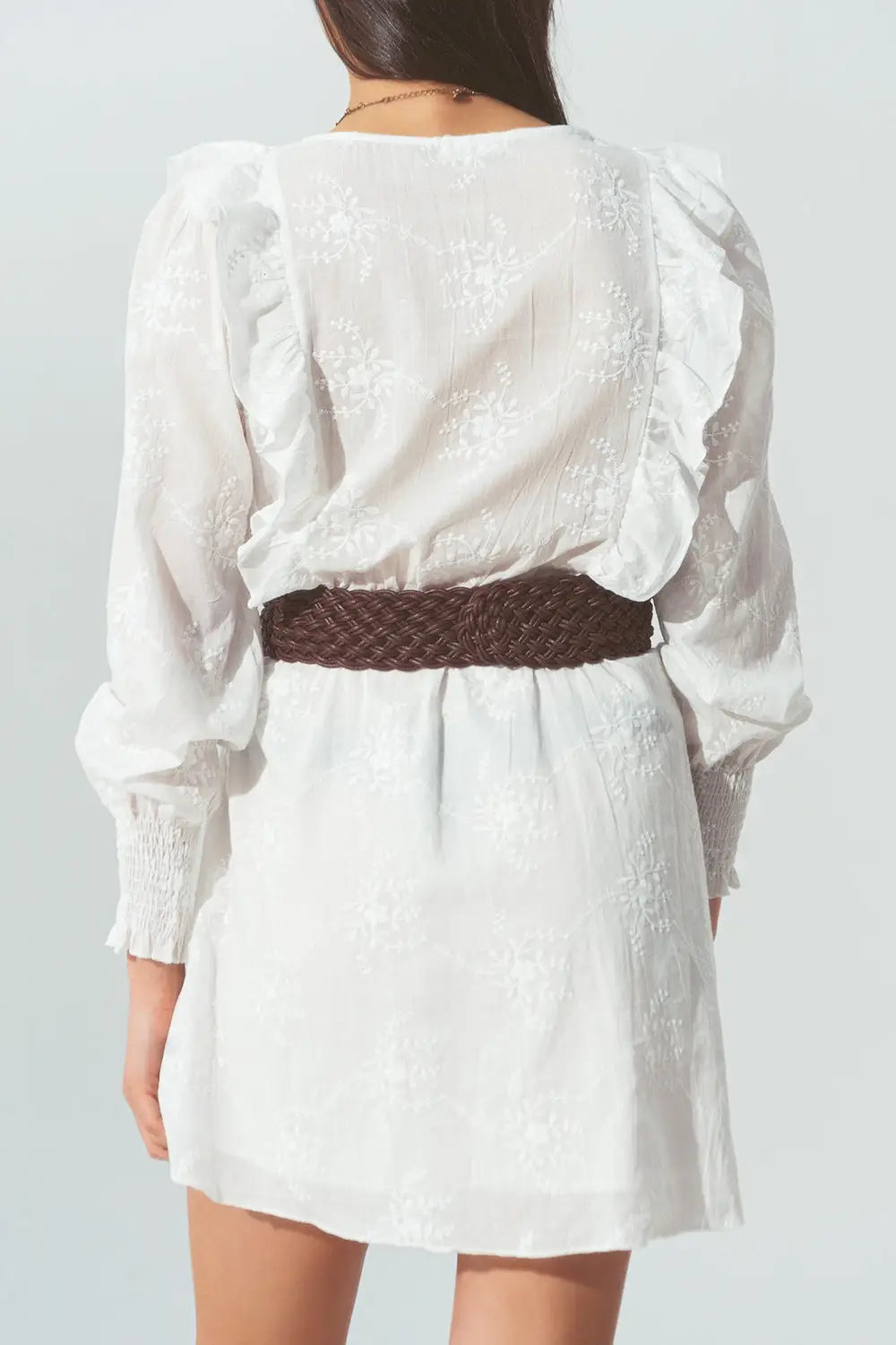 Floral Ruffle Mini Dress in White - Dresses