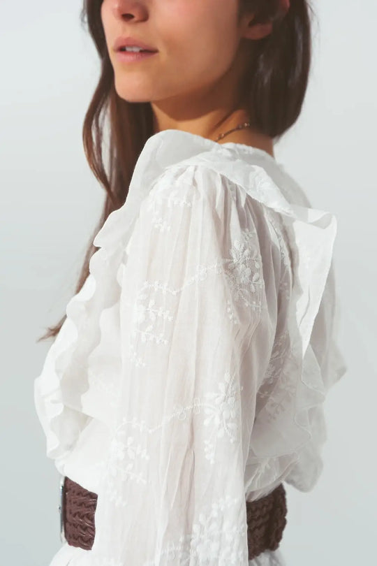 Floral Ruffle Mini Dress in White - Dresses