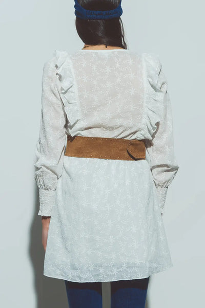 Floral Textured Mini Dress in White - Dresses