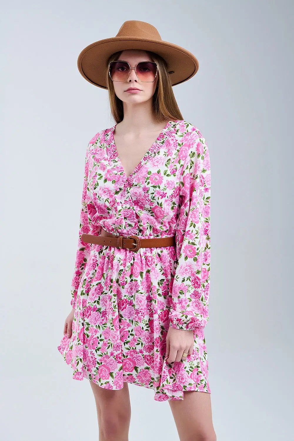 Floral V-Neck Dress with Pink Blooms and Green Accents - Dresses