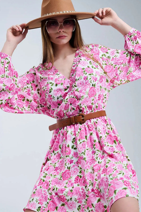 Floral V-Neck Dress with Pink Blooms and Green Accents - Dresses