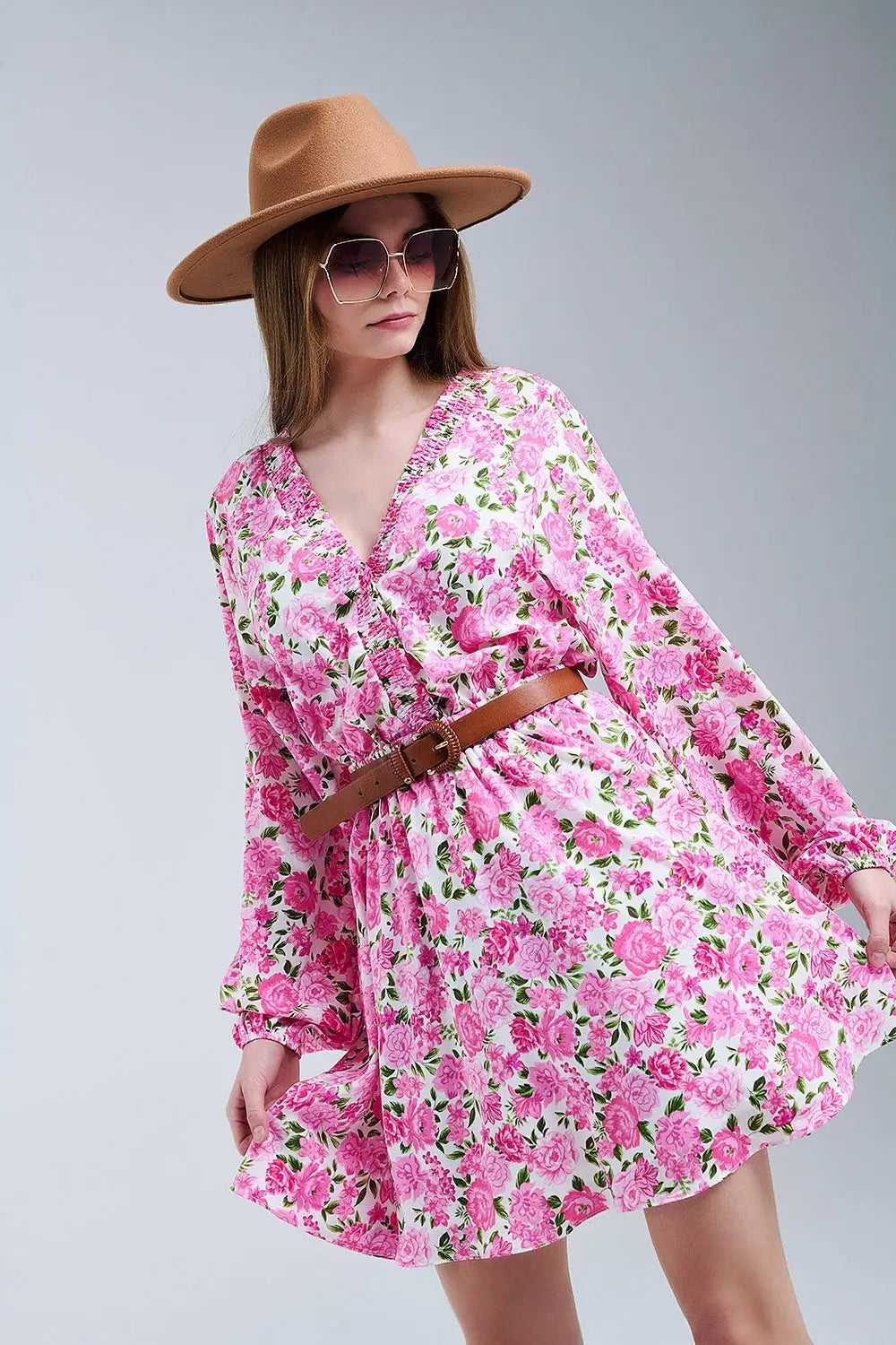 Floral V-Neck Dress with Pink Blooms and Green Accents - Dresses