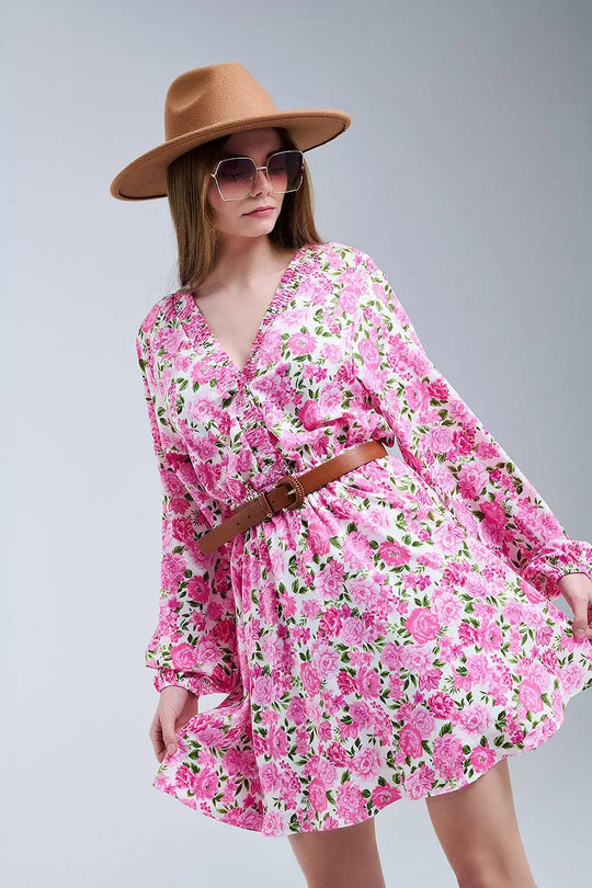 Floral V-Neck Dress with Pink Blooms and Green Accents - Dresses
