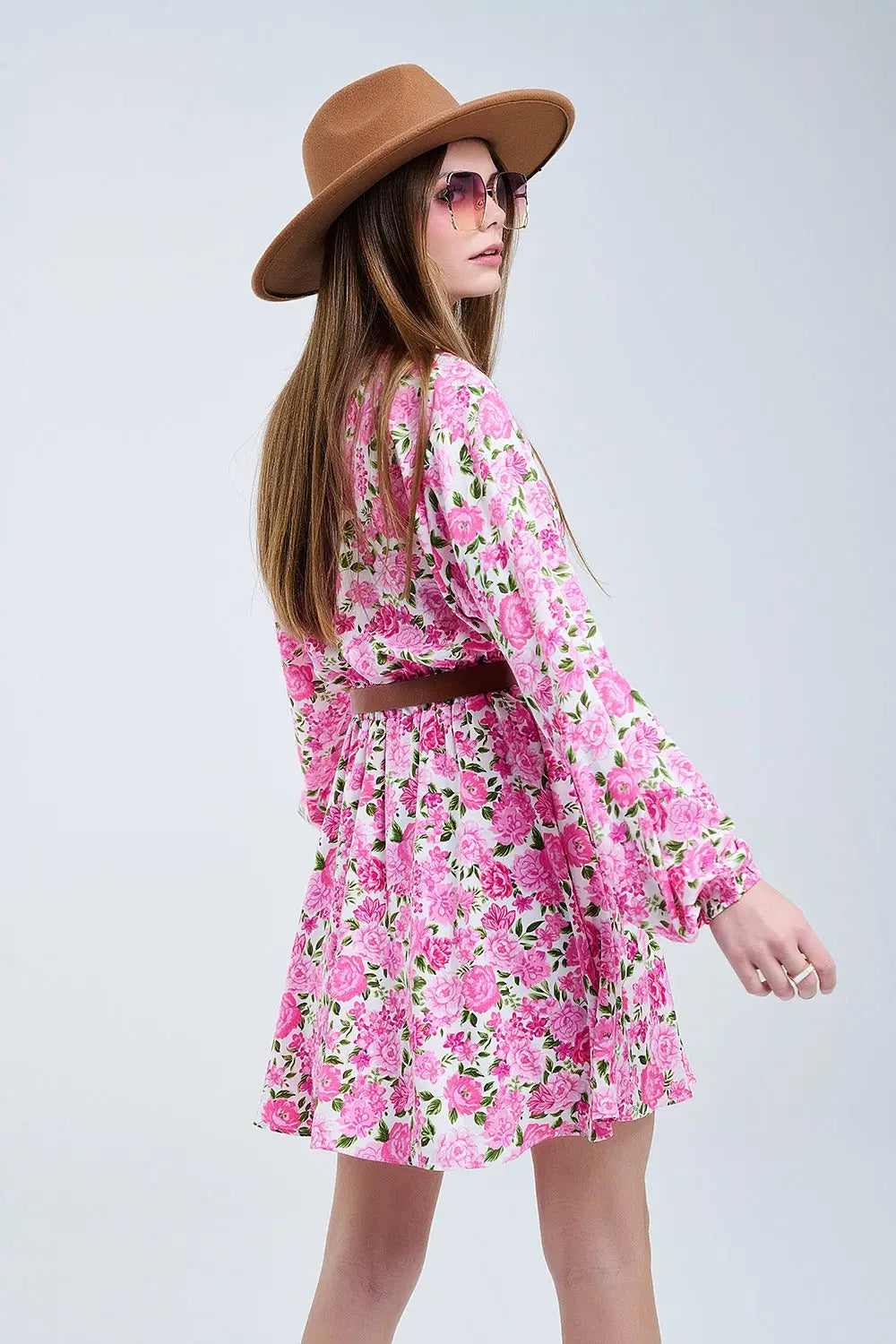 Floral V-Neck Dress with Pink Blooms and Green Accents - Dresses