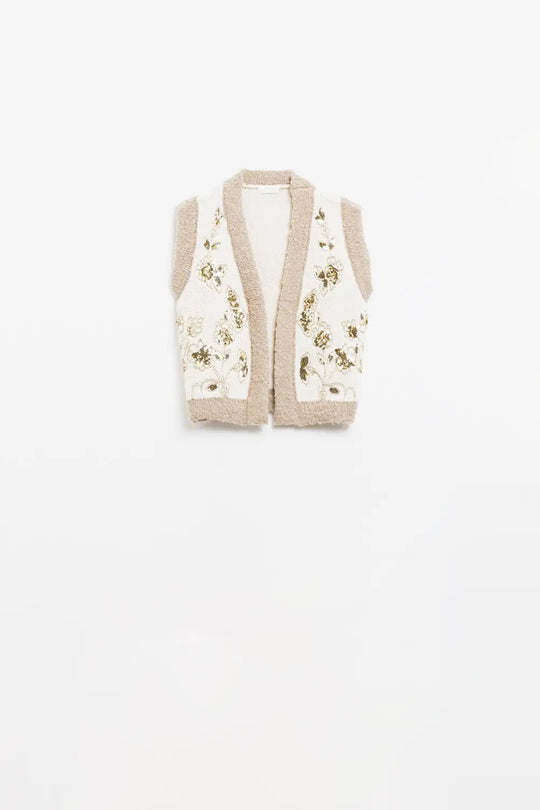 Flower Embroidered Knitted Vest in Ecru - One Size / White - Sweaters