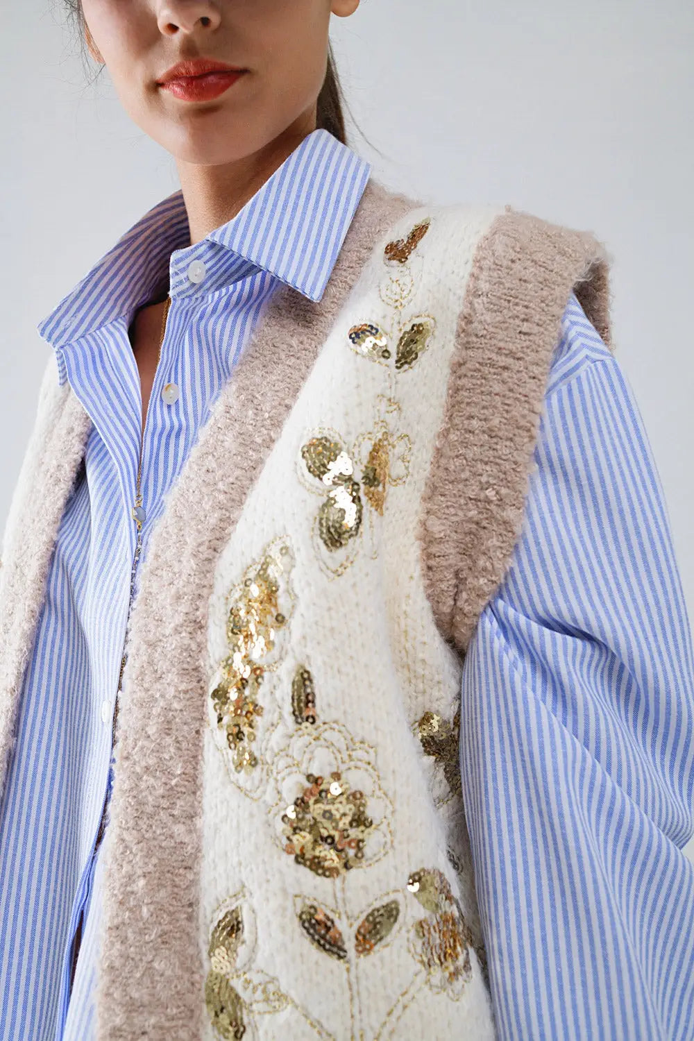 Flower Embroidered Knitted Vest in Ecru - One Size / White - Sweaters
