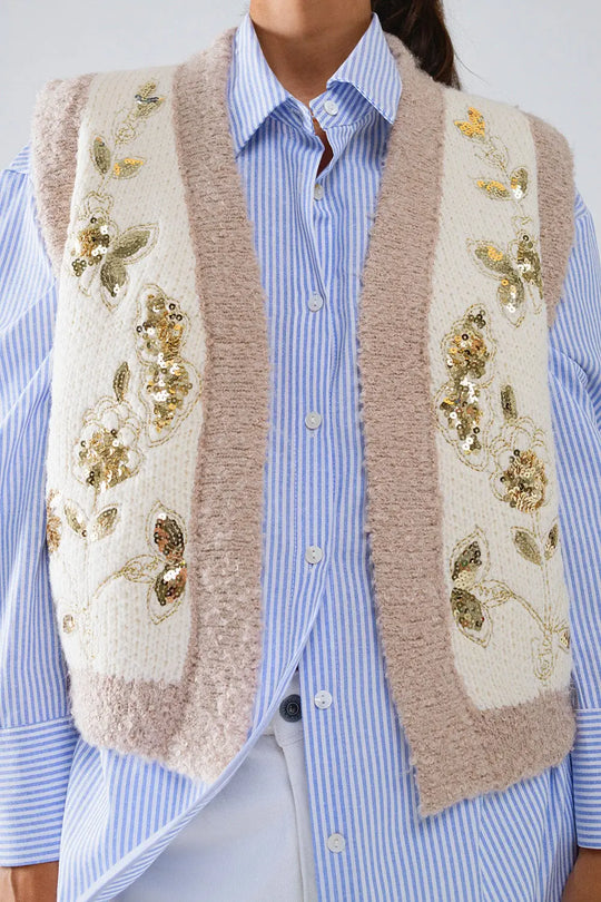 Flower Embroidered Knitted Vest in Ecru - One Size / White - Sweaters