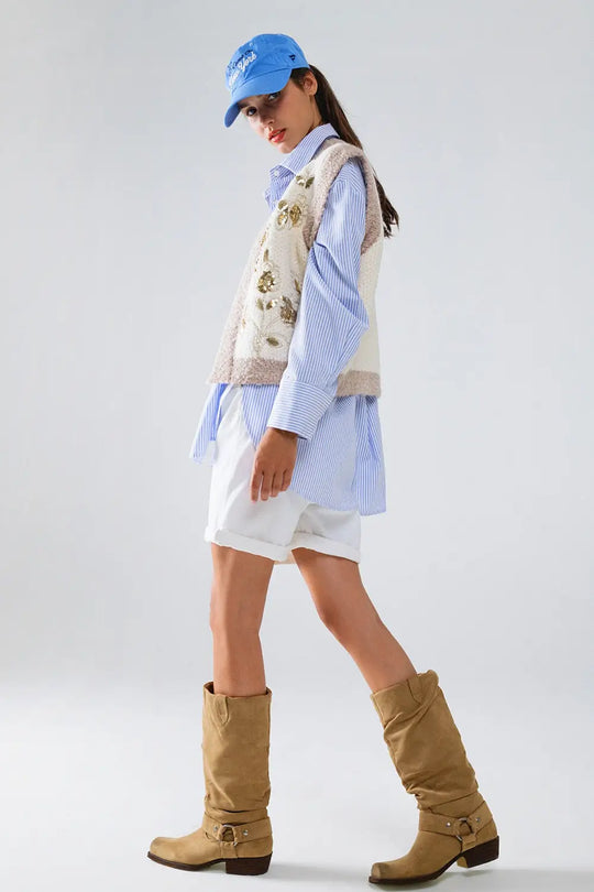 Flower Embroidered Knitted Vest in Ecru - One Size / White - Sweaters