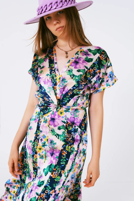 Flower Print Front Knot Maxi Dress in Purple and Green Multicolour - Dresses