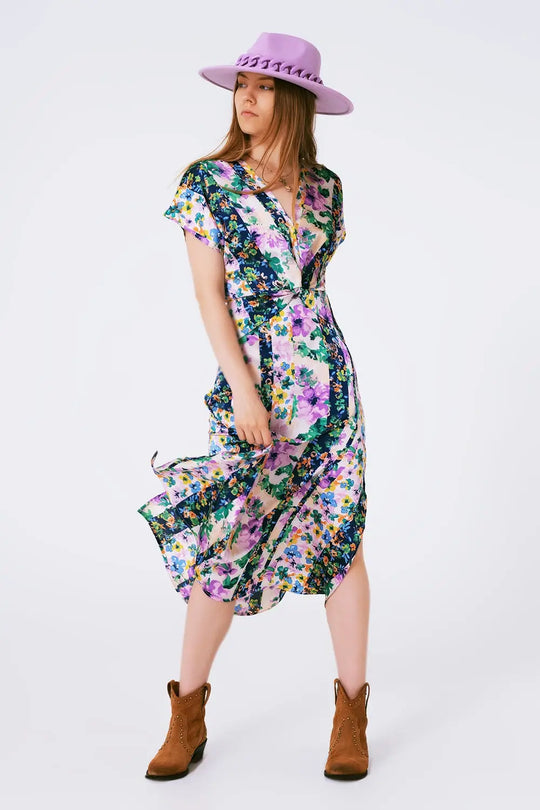Flower Print Front Knot Maxi Dress in Purple and Green Multicolour - Dresses