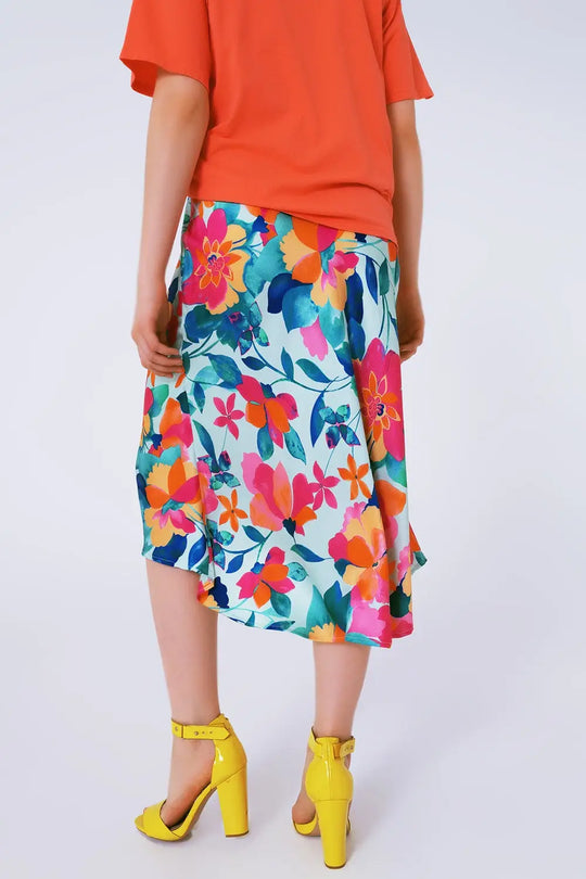 Flower Print Pleated Midi Skirt in White - Skirts