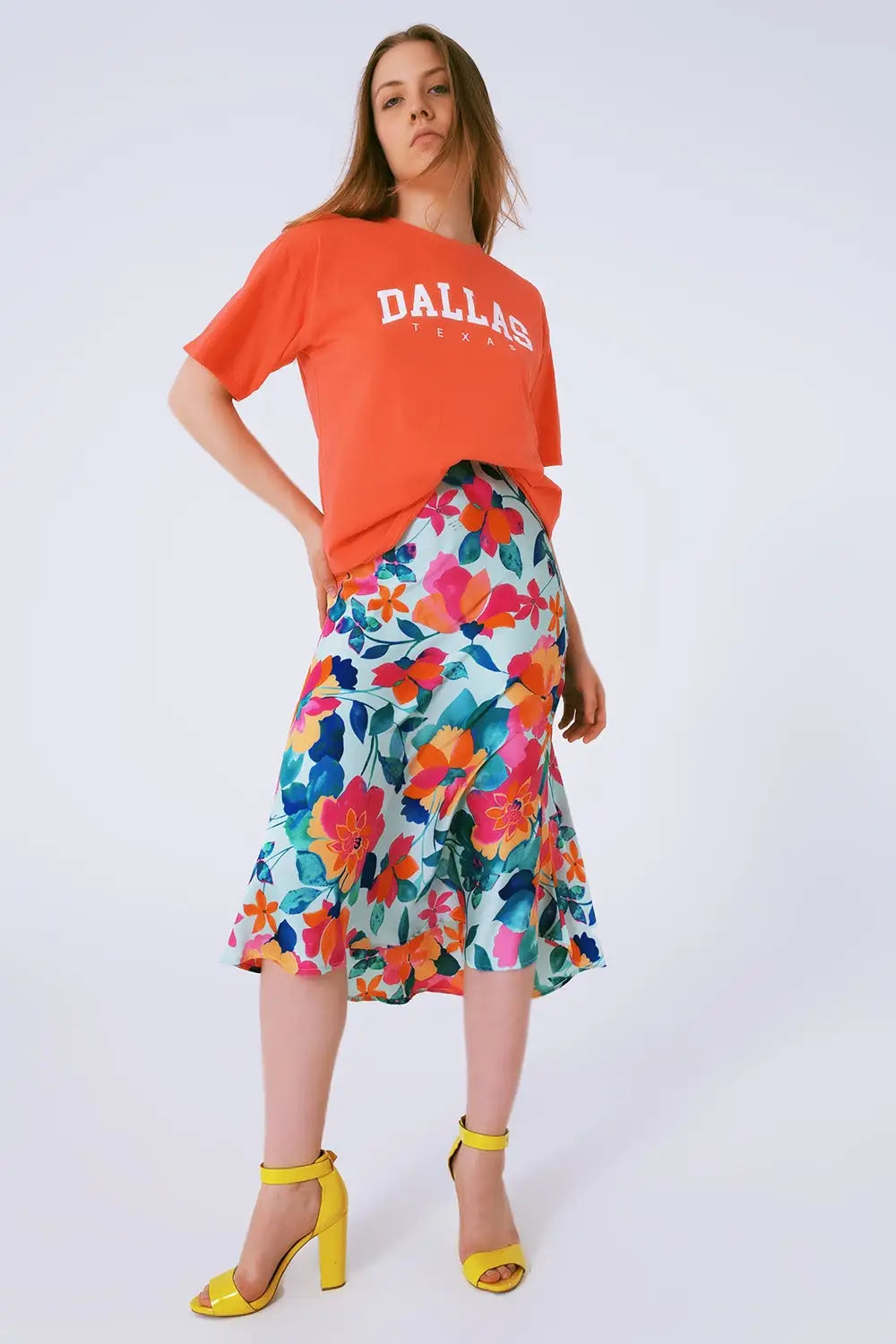 Flower Print Pleated Midi Skirt in White - Skirts