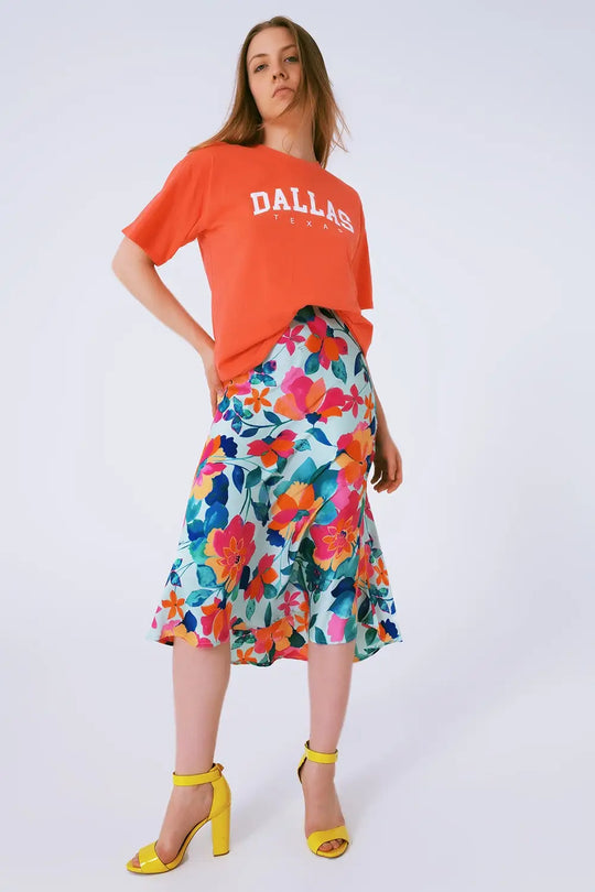Flower Print Pleated Midi Skirt in White - Skirts