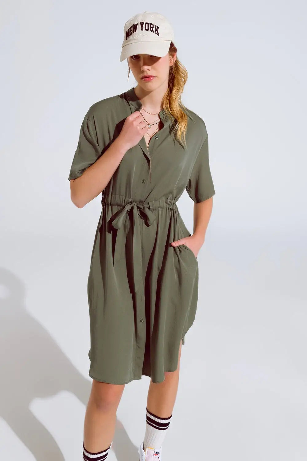 Flowy Button Up Dress With Belt And Side Pockets - Dresses