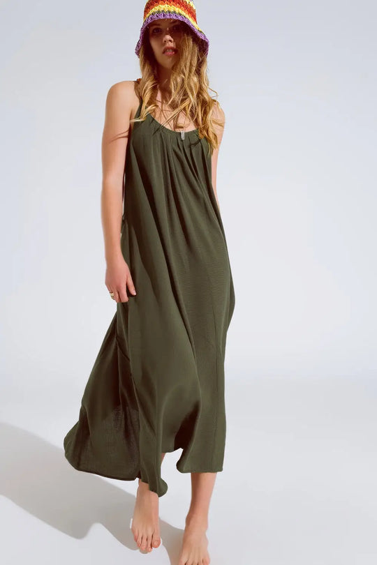 Flowy Khaki maxi Dress With Spaghetti Straps And Beaded Details - Dresses
