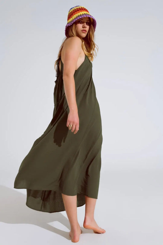 Flowy Khaki maxi Dress With Spaghetti Straps And Beaded Details - Dresses