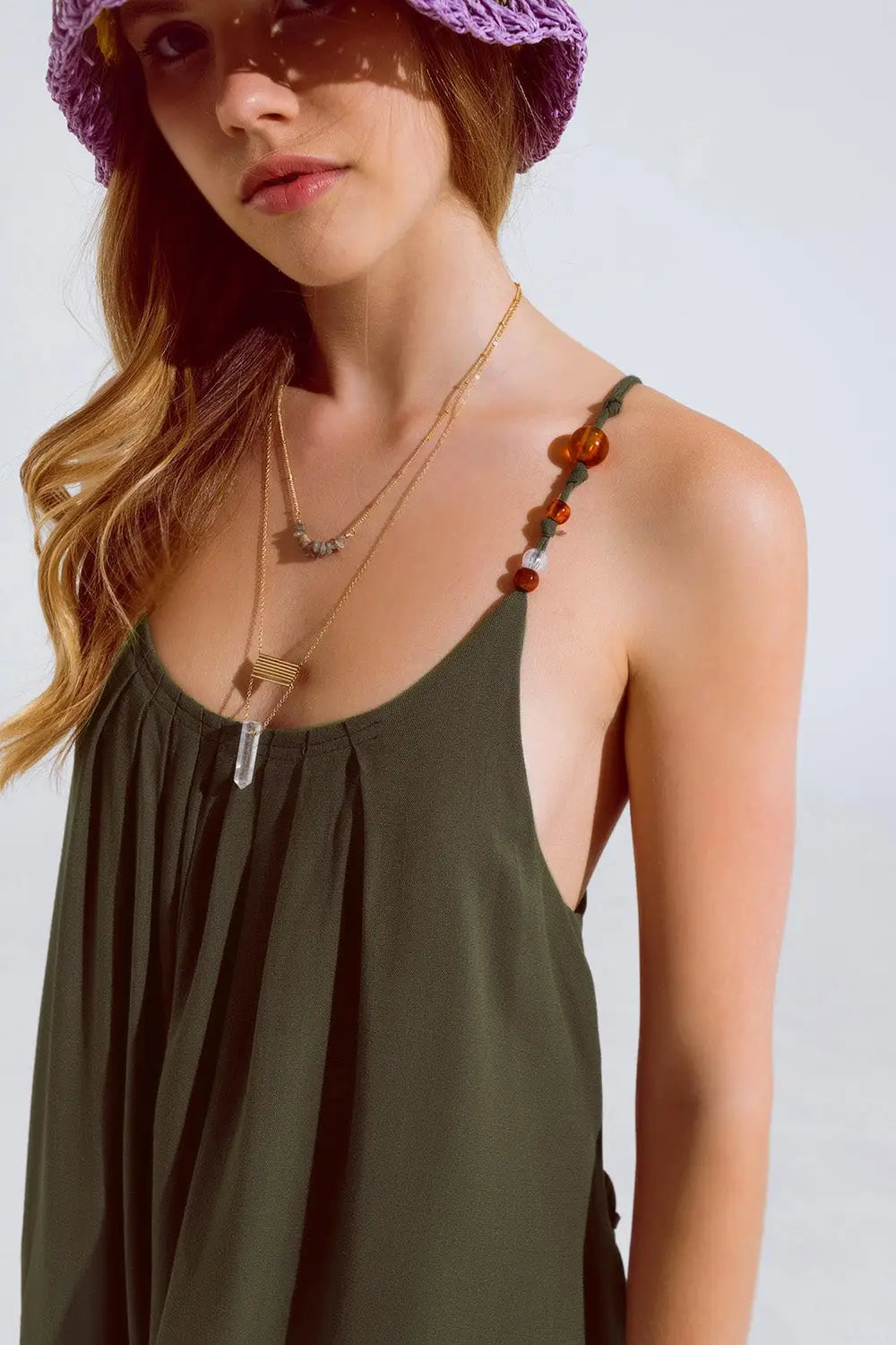 Flowy Khaki maxi Dress With Spaghetti Straps And Beaded Details - Dresses
