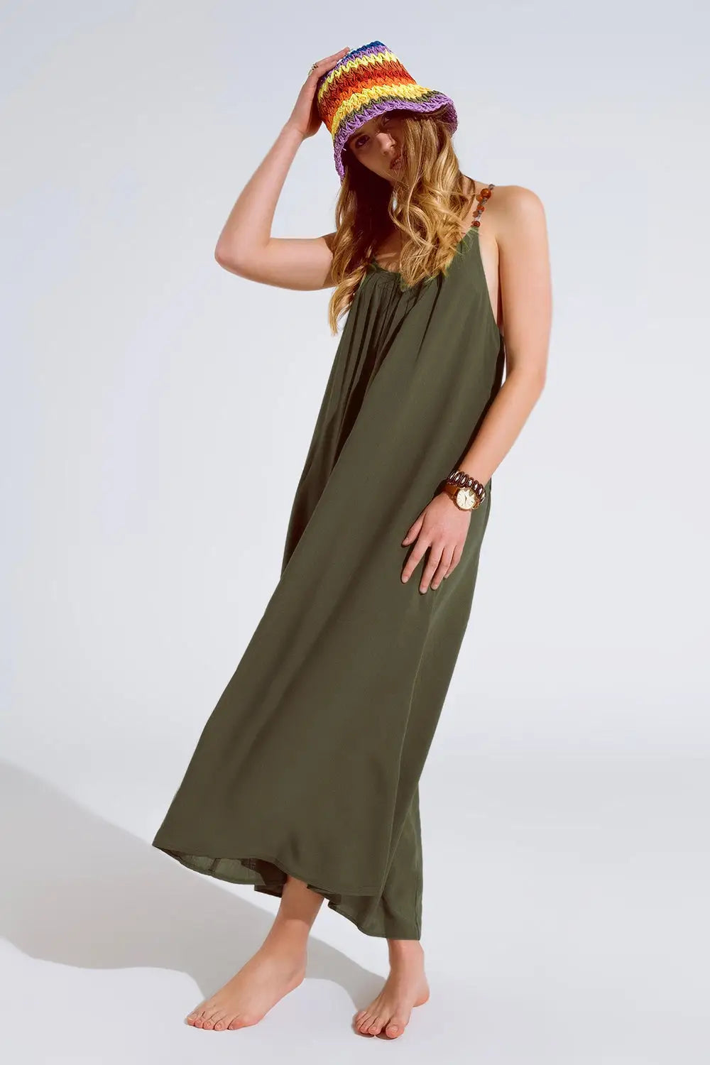 Flowy Khaki maxi Dress With Spaghetti Straps And Beaded Details - Dresses