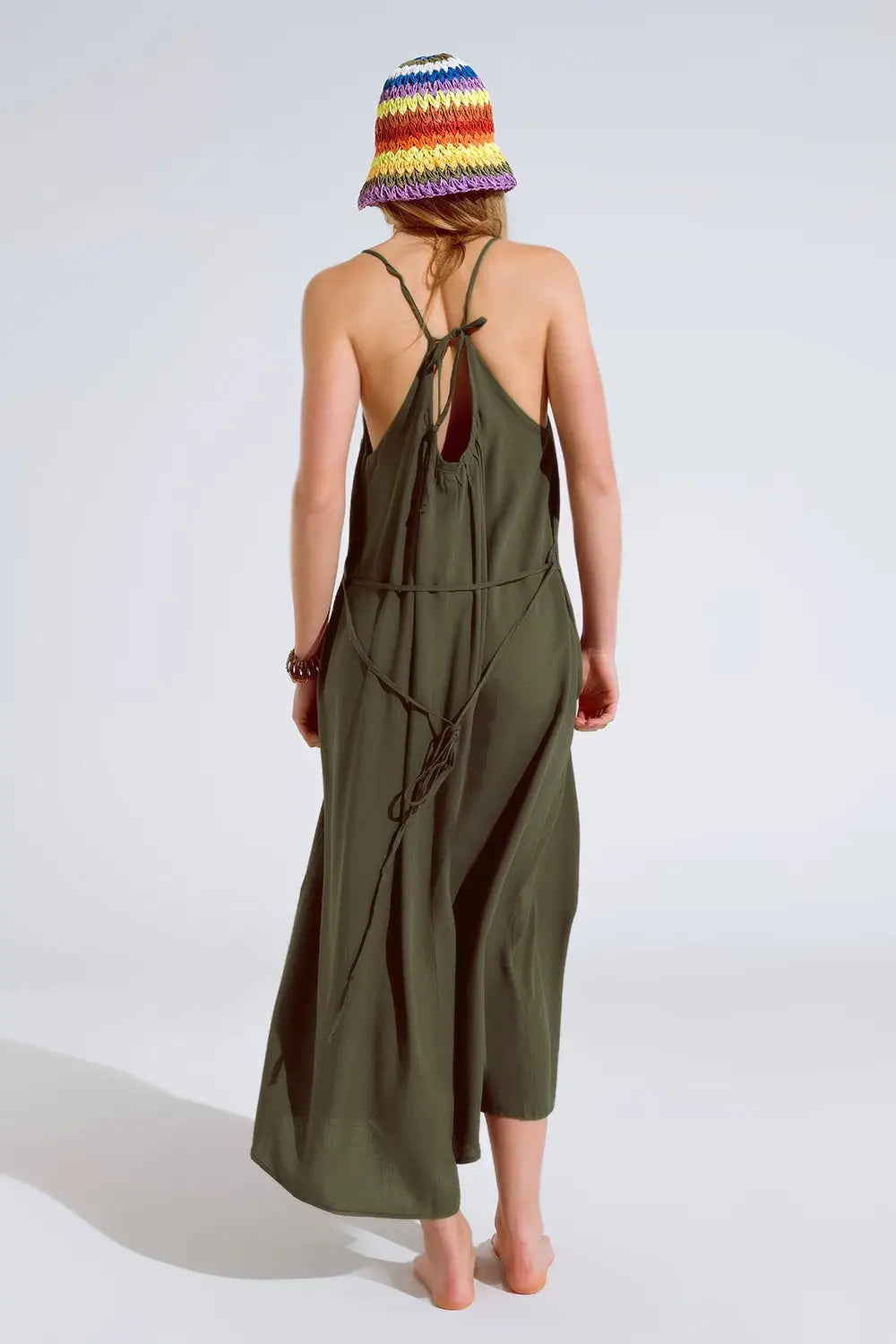 Flowy Khaki maxi Dress With Spaghetti Straps And Beaded Details - Dresses