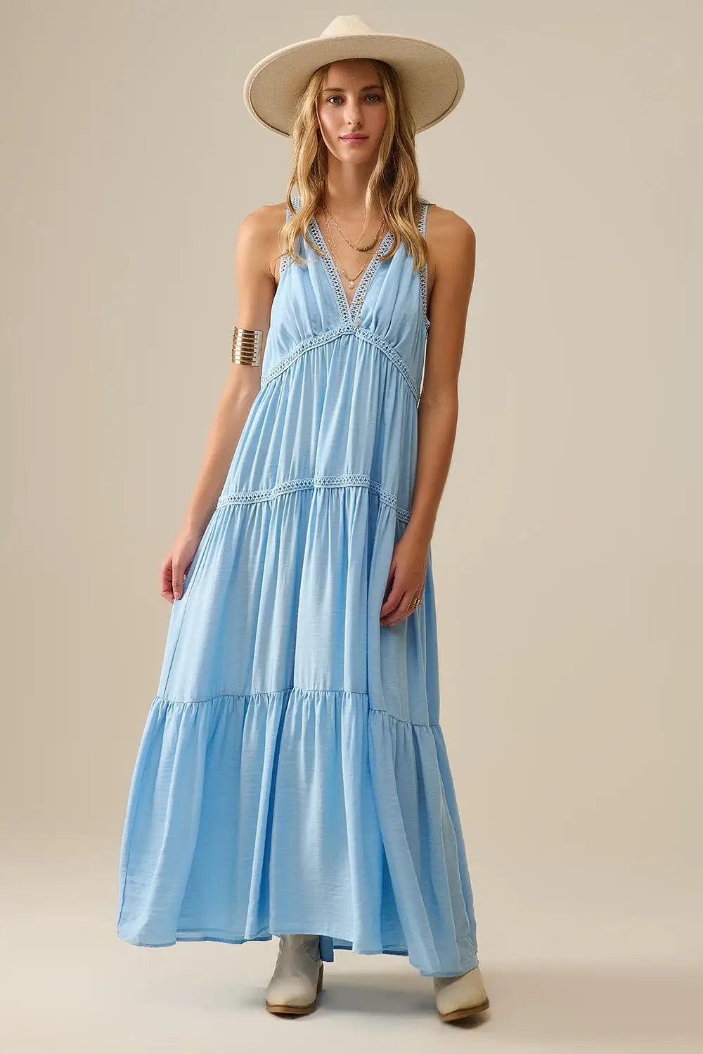 Flowy Maxi Dress with Lace Inserts in Light Blue - Dresses