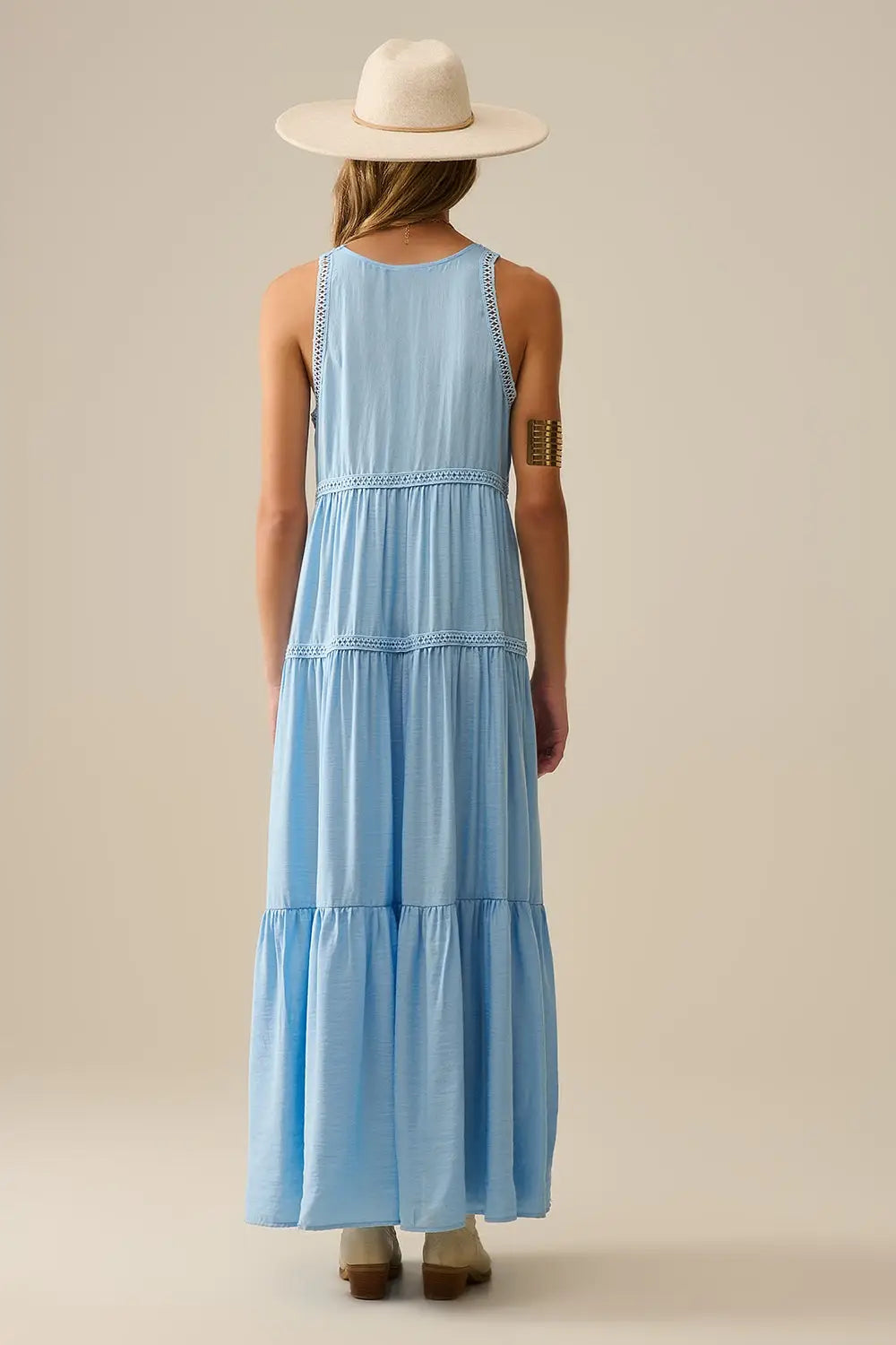Flowy Maxi Dress with Lace Inserts in Light Blue - Dresses