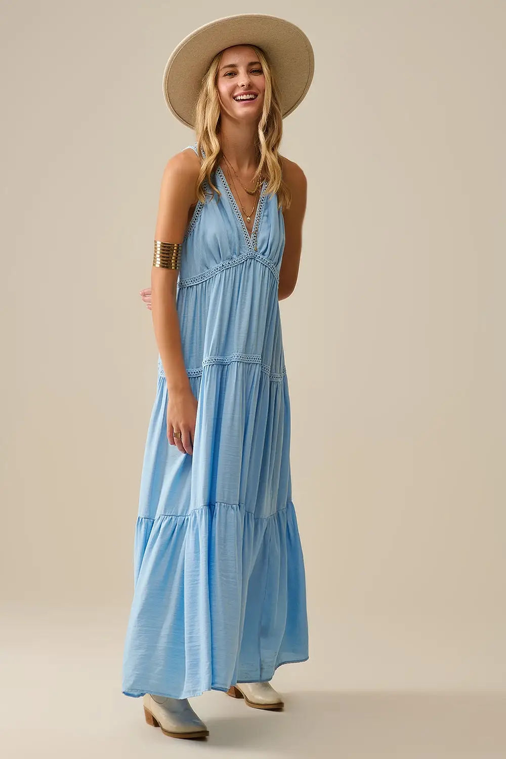 Flowy Maxi Dress with Lace Inserts in Light Blue - Dresses