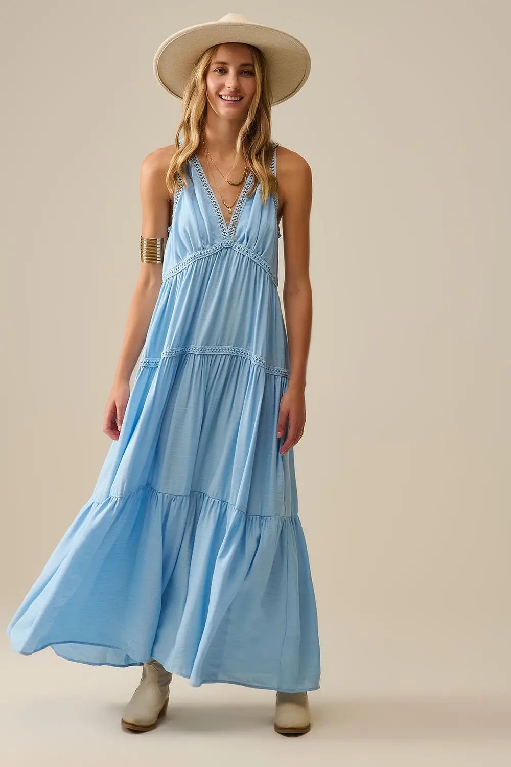 Flowy Maxi Dress with Lace Inserts in Light Blue - Dresses