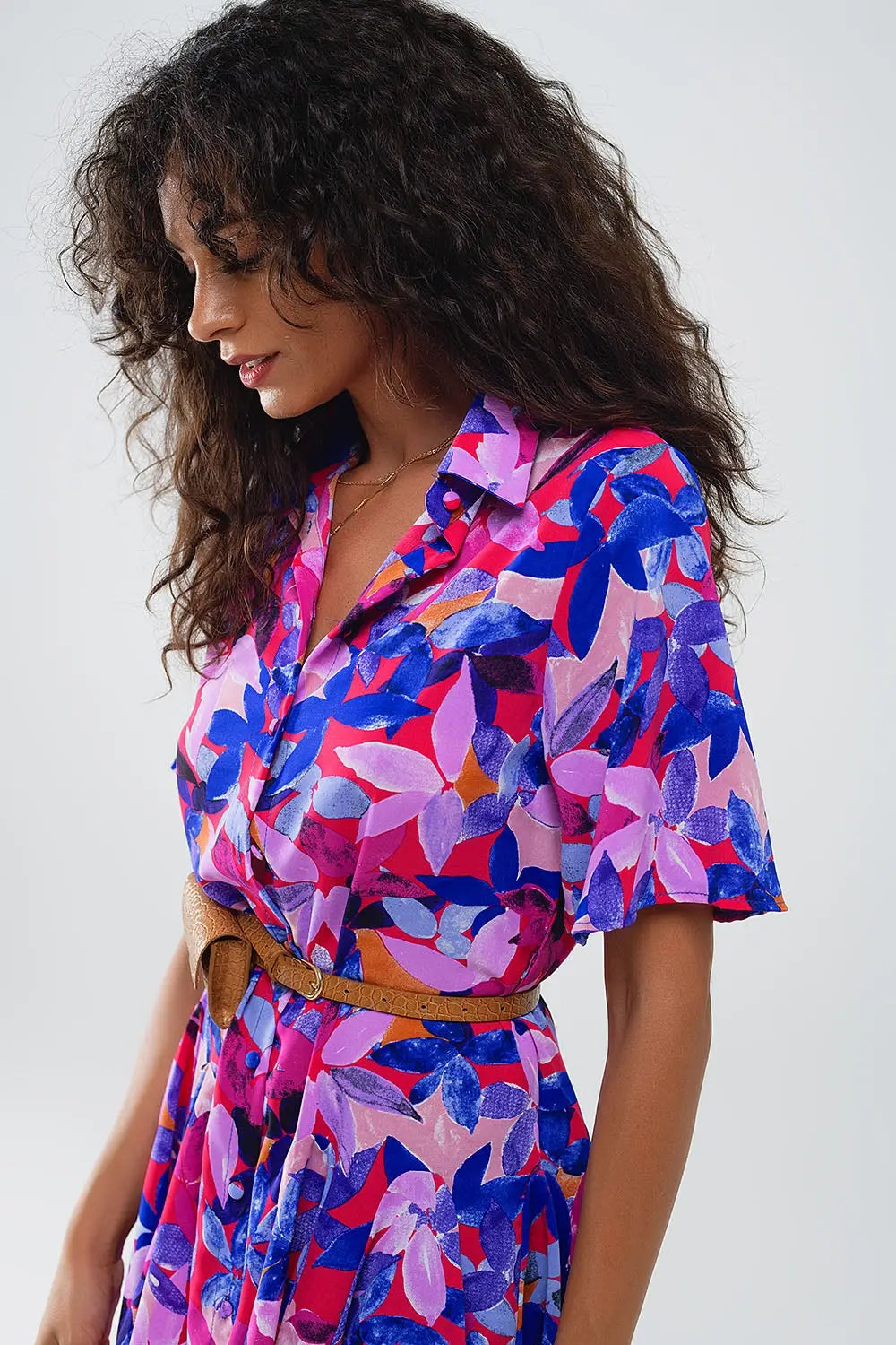 Flowy Short Shirt Dress With Abstrat Print In Fuchsia and Purple - Dresses