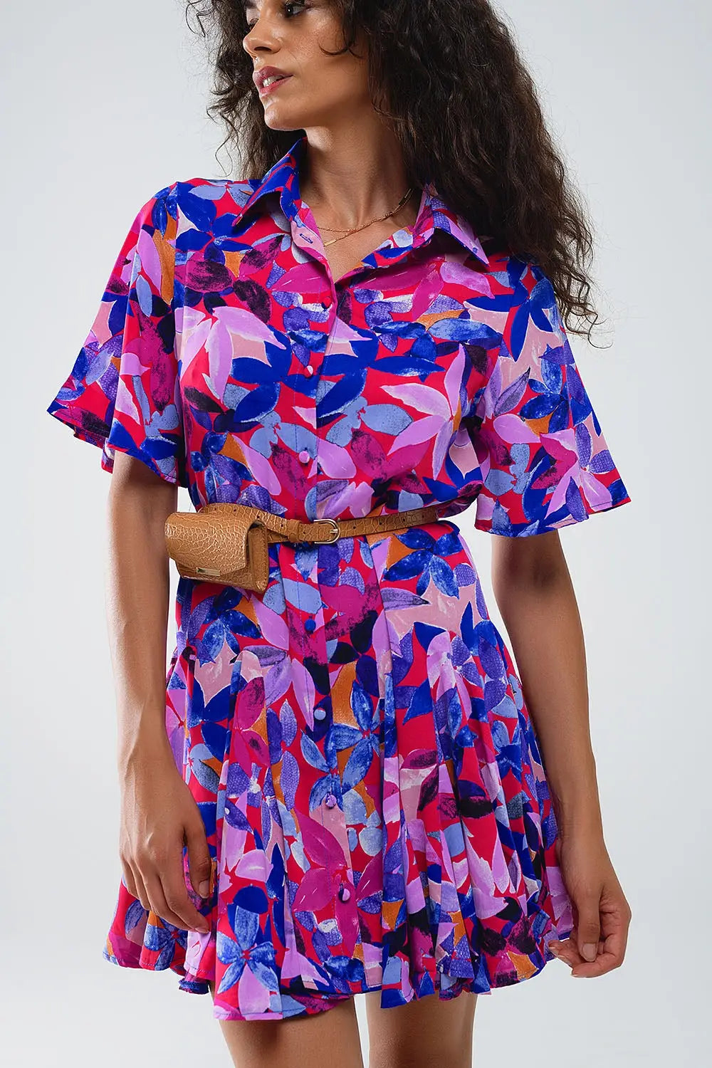 Flowy Short Shirt Dress With Abstrat Print In Fuchsia and Purple - Dresses
