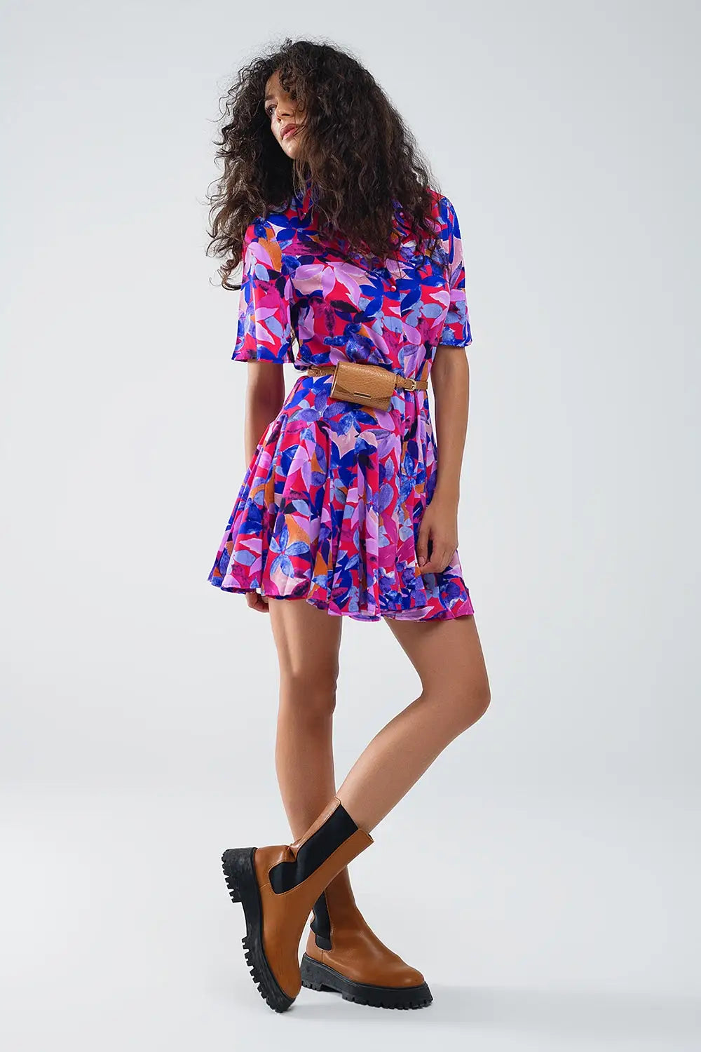 Flowy Short Shirt Dress With Abstrat Print In Fuchsia and Purple - Dresses